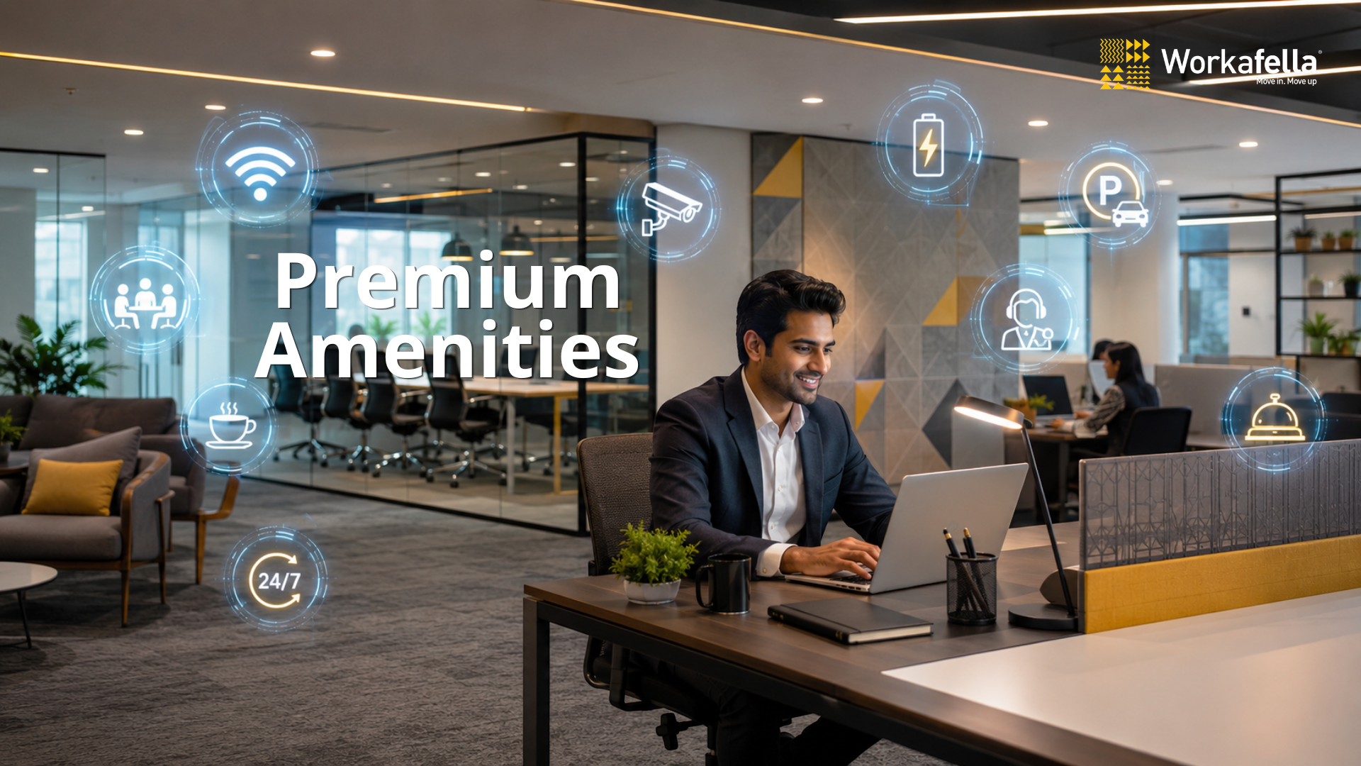 Employees relaxing and collaborating in a modern Workafella workspace with pantry and breakout amenities 